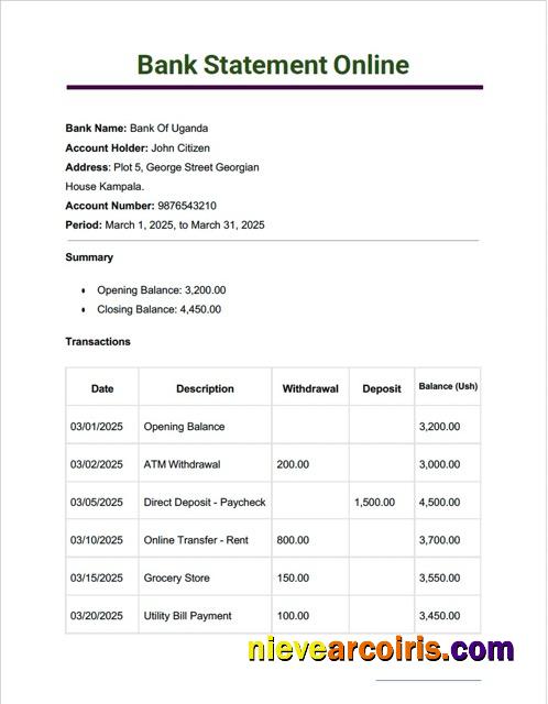 Uganda Bank of Uganda bank statement online Word and PDF